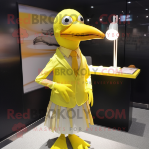 Lemon Yellow Albatross mascot costume character dressed with a Pencil Skirt and Tie pins