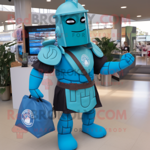 Cyan Spartan Soldier mascot costume character dressed with a Button-Up Shirt and Tote bags