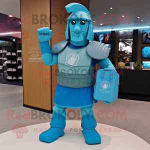 Cyan Spartan Soldier mascot costume character dressed with a Button-Up Shirt and Tote bags