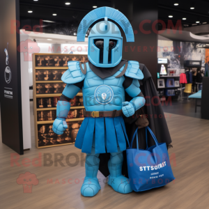 Cyan Spartan Soldier mascot costume character dressed with a Button-Up Shirt and Tote bags