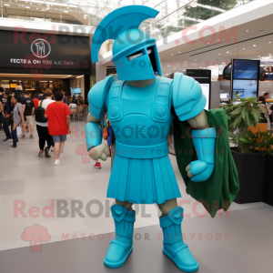 Cyan Spartan Soldier mascot costume character dressed with a Button-Up Shirt and Tote bags