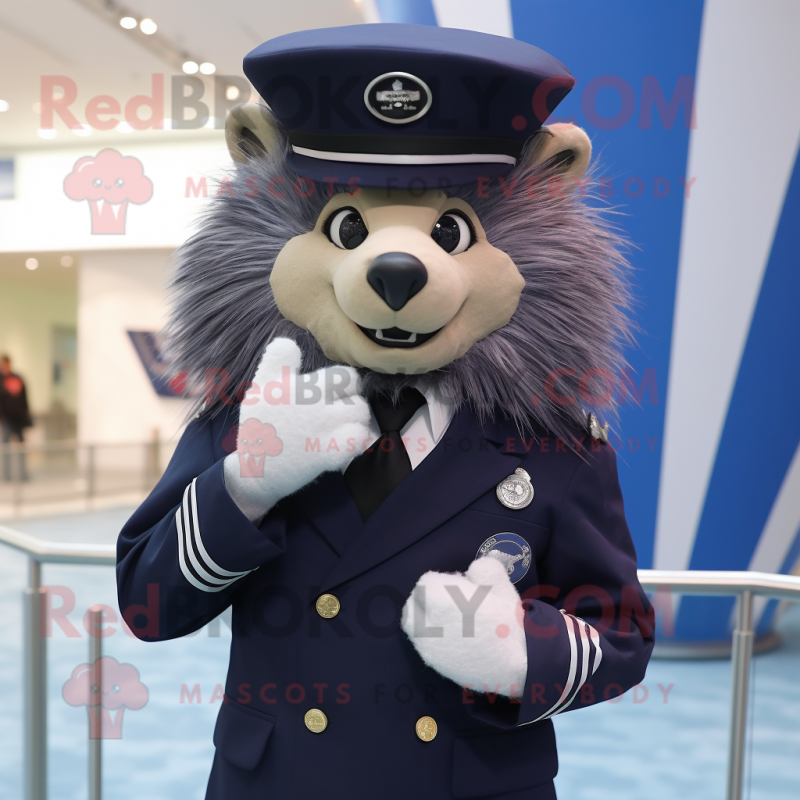 Navy Porcupine mascot costume character dressed with a Suit and Rings