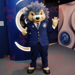 Navy Porcupine mascot costume character dressed with a Suit and Rings