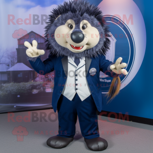 Navy Porcupine mascot costume character dressed with a Suit and Rings