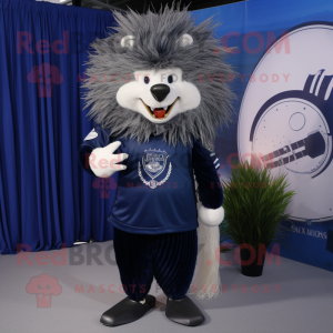 Navy Porcupine mascot costume character dressed with a Suit and Rings