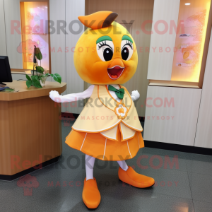 Peach Mandarin mascot costume character dressed with a Pencil Skirt and Shoe clips