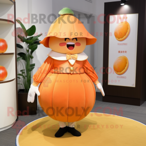 Peach Mandarin mascot costume character dressed with a Pencil Skirt and Shoe clips