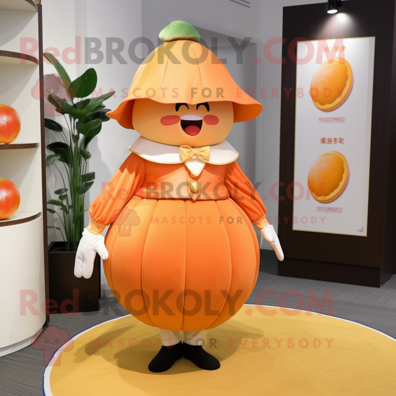 Peach Mandarin mascot costume character dressed with a Pencil Skirt and Shoe clips Peach Mandarin mascot costume character dressed with a Pencil Skirt and Shoe clips