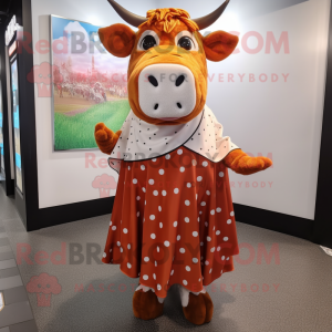 Rust Hereford Cow mascot costume character dressed with a Skirt and Scarves