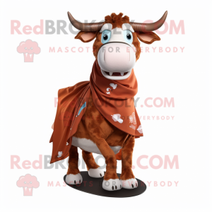 Rust Hereford Cow mascot costume character dressed with a Skirt and Scarves