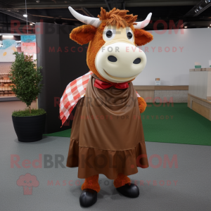 Rust Hereford Cow mascot costume character dressed with a Skirt and Scarves