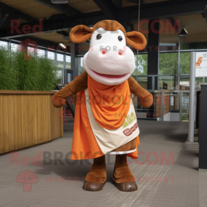 Rust Hereford Cow mascot costume character dressed with a Skirt and Scarves