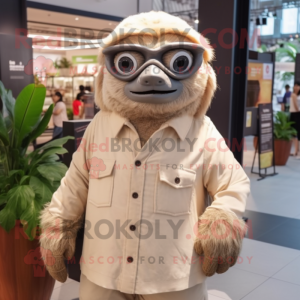 Beige Giant Sloth mascot costume character dressed with a Blouse and Eyeglasses
