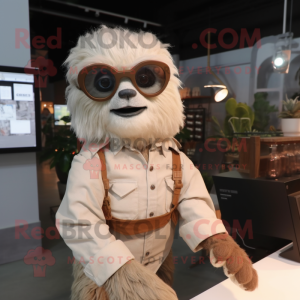Beige Giant Sloth mascot costume character dressed with a Blouse and Eyeglasses