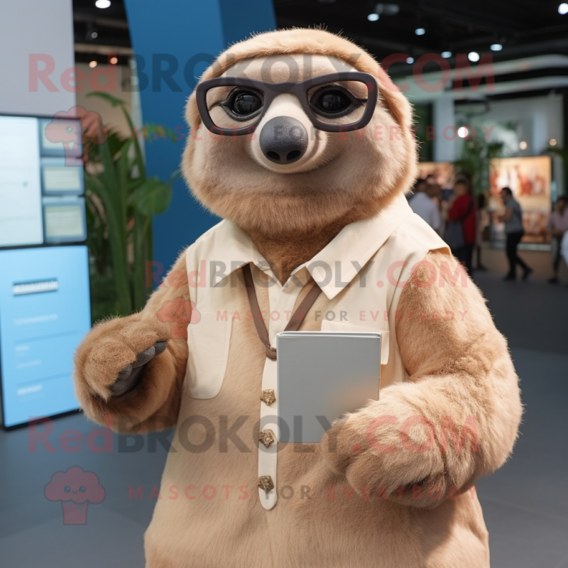 Beige Giant Sloth mascot costume character dressed with a Blouse and Eyeglasses