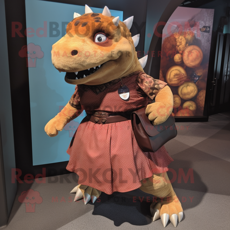 Rust Ankylosaurus mascot costume character dressed with a Shift Dress and Messenger bags