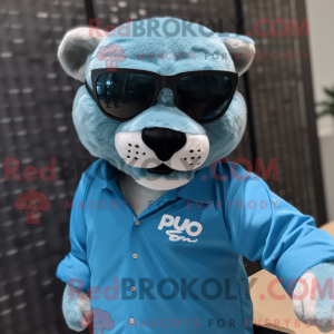 Maskotkarakter av en cyan...