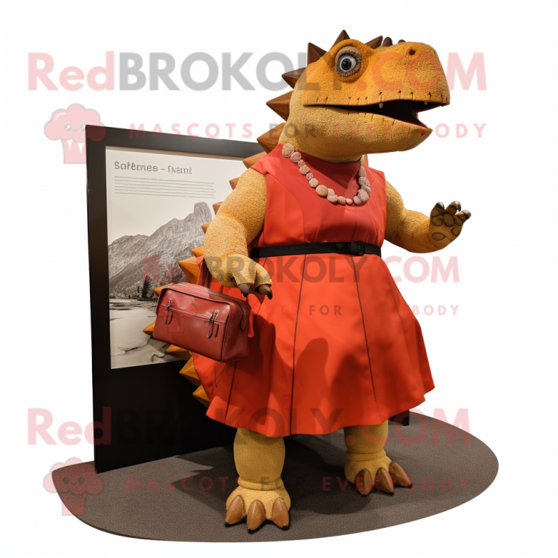 Rust Ankylosaurus mascot costume character dressed with a Shift Dress and Messenger bags