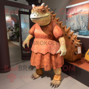 Rust Ankylosaurus mascot costume character dressed with a Shift Dress and Messenger bags