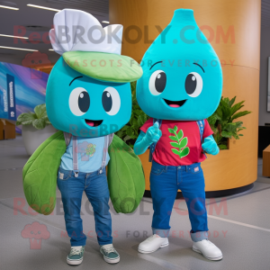 Teal Radish mascot costume character dressed with a Boyfriend Jeans and Caps