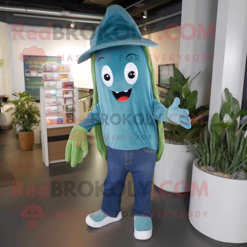 Teal Radish mascot costume character dressed with a Boyfriend Jeans and Caps