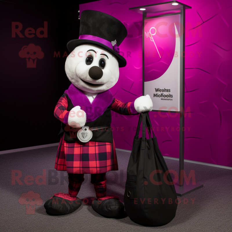 Magenta Bagpipe mascot costume character dressed with a Tuxedo and Tote bags Magenta Bagpipe mascot costume character dressed with a Tuxedo and Tote bags