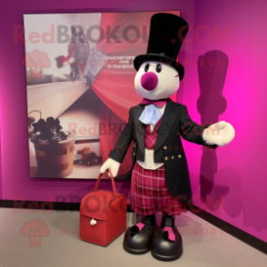 Magenta Bagpipe mascot costume character dressed with a Tuxedo and Tote bags