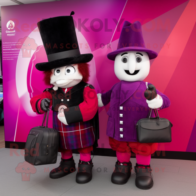Magenta Bagpipe mascot costume character dressed with a Tuxedo and Tote bags Magenta Bagpipe mascot costume character dressed with a Tuxedo and Tote bags