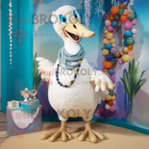 Cream Dodo Bird mascot costume character dressed with a Swimwear and Necklaces