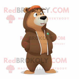 Brown Capybara mascot costume character dressed with a Sweatshirt and Brooches