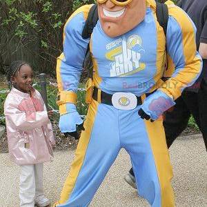 Maskotka superbohatera w niebieskim i żółtym stroju