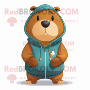 Brown Capybara mascot costume character dressed with a Sweatshirt and Brooches