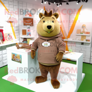 Brown Capybara mascot costume character dressed with a Sweatshirt and Brooches