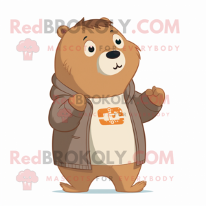 Brown Capybara mascot costume character dressed with a Sweatshirt and Brooches