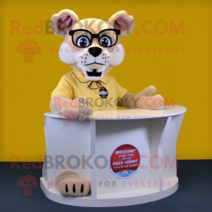 Cream Thylacosmilus mascot costume character dressed with a Circle Skirt and Reading glasses