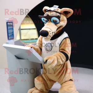 Cream Thylacosmilus mascot costume character dressed with a Circle Skirt and Reading glasses