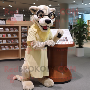 Cream Thylacosmilus mascot costume character dressed with a Circle Skirt and Reading glasses