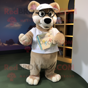 Cream Thylacosmilus mascot costume character dressed with a Circle Skirt and Reading glasses