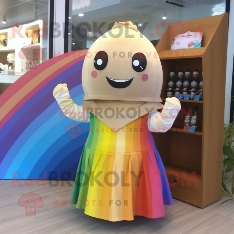Beige Rainbow mascot costume character dressed with a Cocktail Dress and Messenger bags
