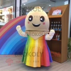 Beige Rainbow mascot costume character dressed with a Cocktail Dress and Messenger bags
