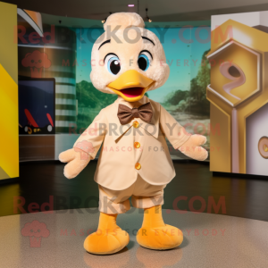 Beige Gosling mascot costume character dressed with a Romper and Bow ties