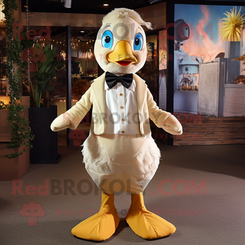 Beige Gosling mascot costume character dressed with a Romper and Bow ties