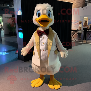 Beige Gosling mascot costume character dressed with a Romper and Bow ties
