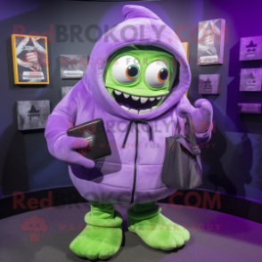 Lavender Frankenstein'S Monster mascot costume character dressed with a Hoodie and Wallets