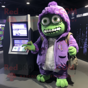 Lavender Frankenstein'S Monster mascot costume character dressed with a Hoodie and Wallets
