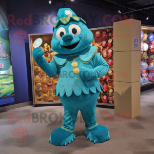 Teal King mascot costume character dressed with a Romper and Coin purses