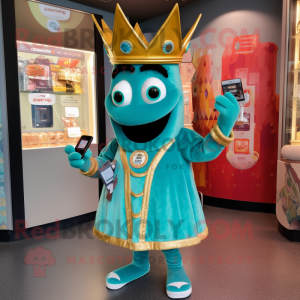 Teal King mascot costume character dressed with a Romper and Coin purses