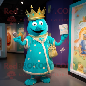 Teal King mascot costume character dressed with a Romper and Coin purses