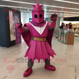 Magenta Medieval Knight mascot costume character dressed with a Wrap Skirt and Hairpins