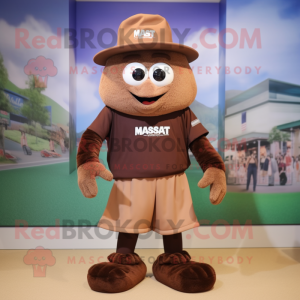 Brown Moussaka mascot costume character dressed with a Shorts and Hat pins